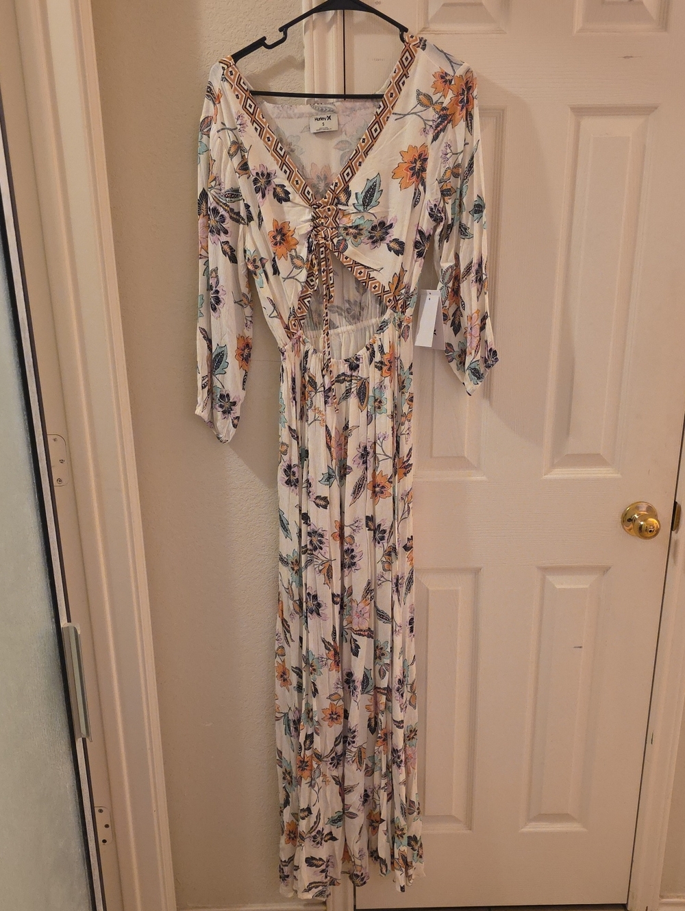 Hurley White Floral Maxi Dress with Orange, Purple & Green Accents